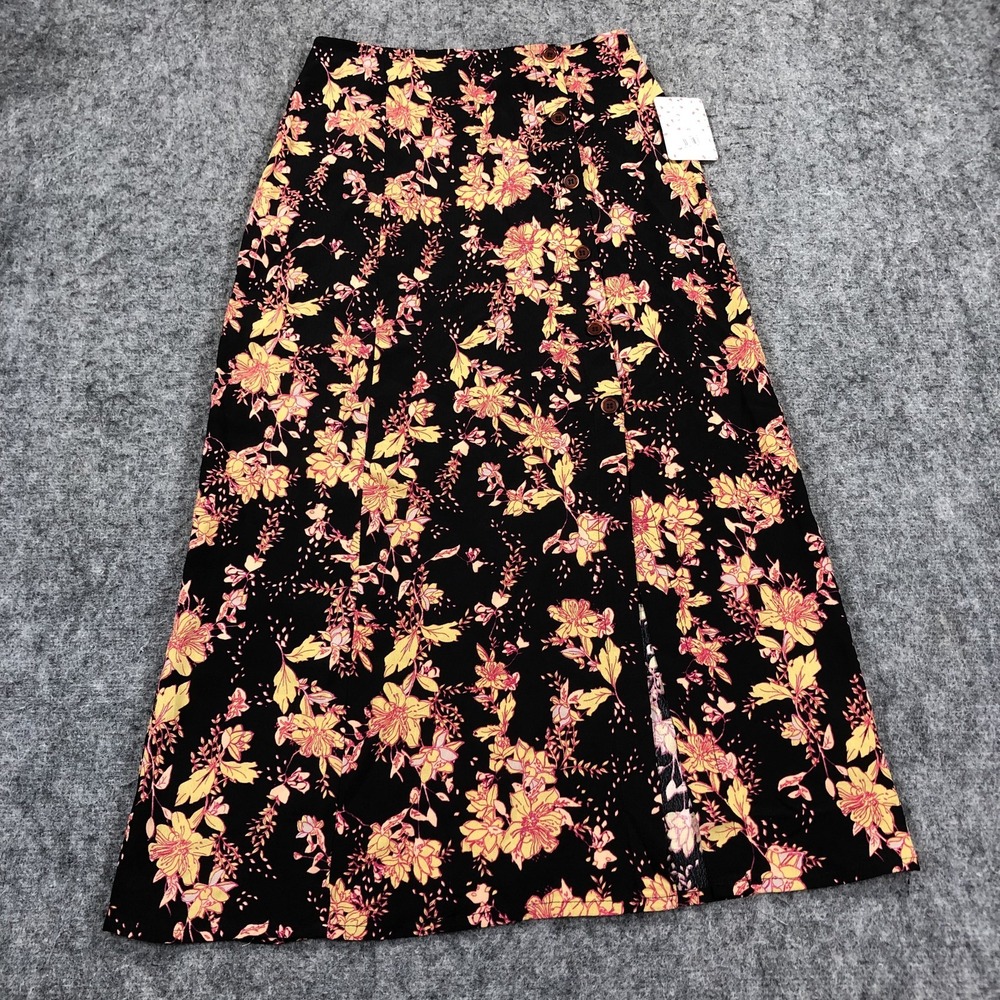 Free People Skirt Womens 0 Black Floral Button Front Midi A Line Rayon Slit